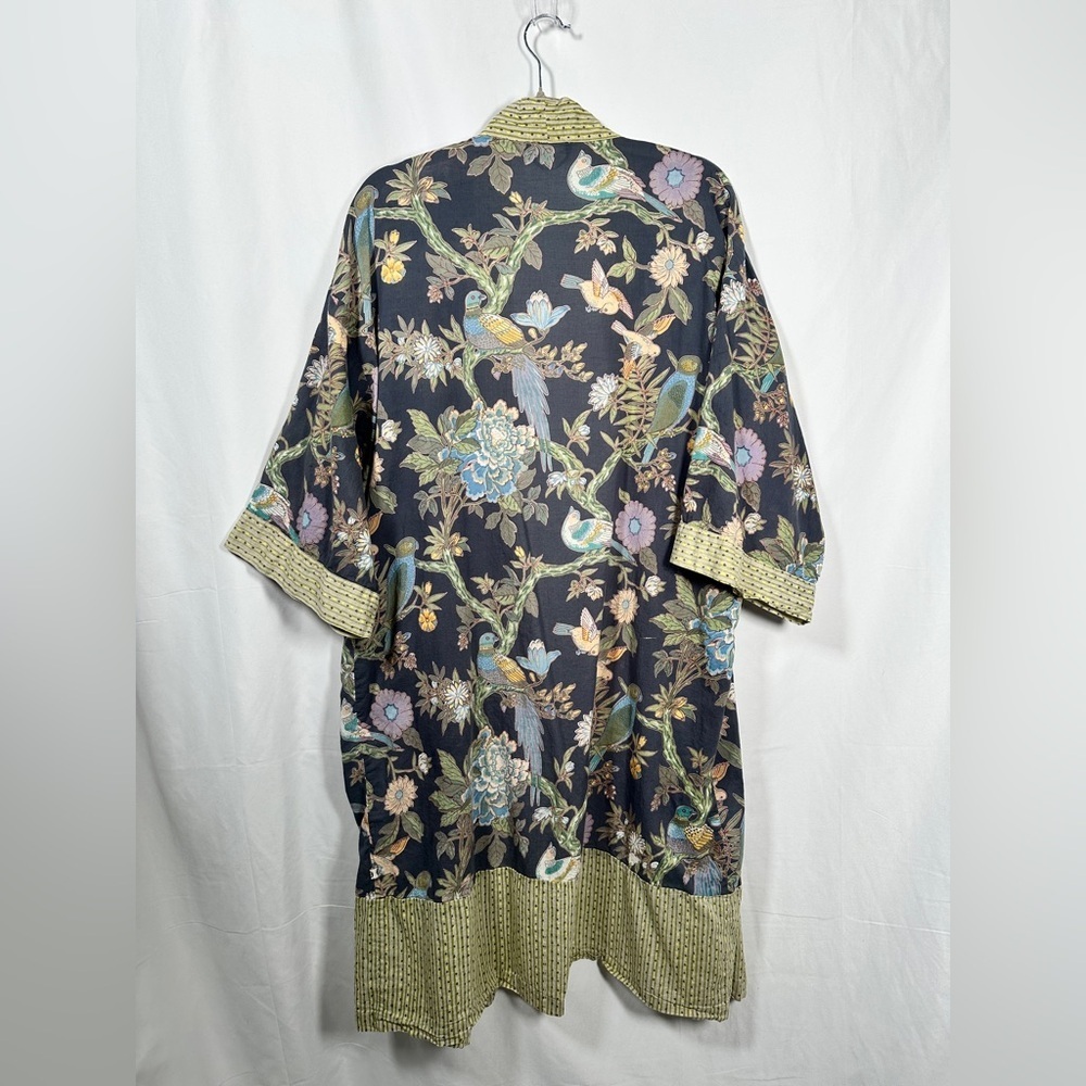 Handprint Cotton Boho Kimono Duster Robe Bird Floral Print OS Black - Picture 10 of 12